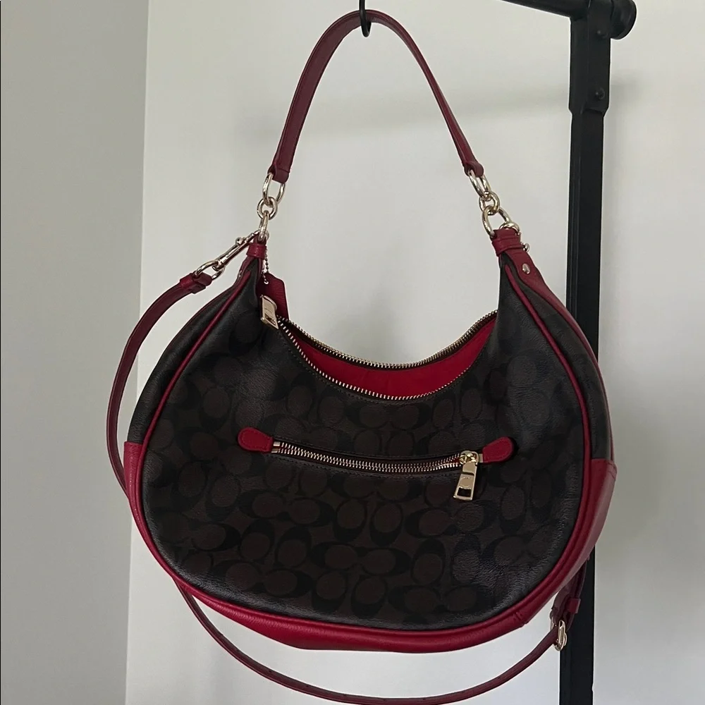 Coach Harley East/West Hobo in Signature - crescent canvas with red leather trim